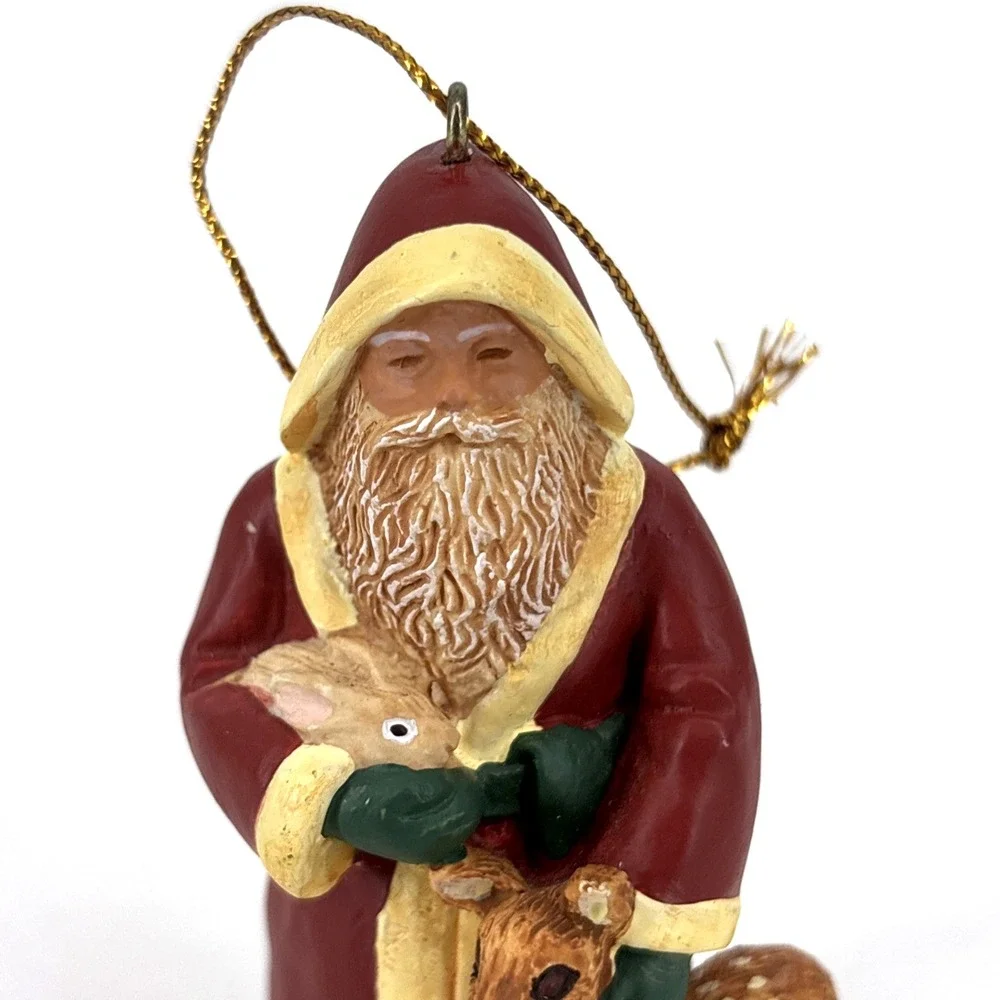 Vintage Santa Claus Holding Bunny & Deer Ornament Figurine 3.5